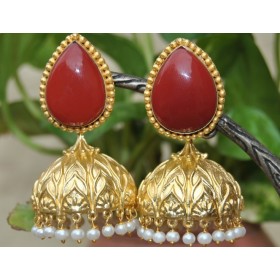 Bold Red Coral Semi-precious 18K Gold Plated Jhumka Earrings 